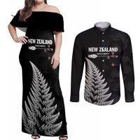 Personalised New Zealand 2025 Archery Couples Matching Off Shoulder Maxi Dress and Long Sleeve Button Shirt Aotearoa Silver Arrows Black LT01 Black - Polynesian Pride