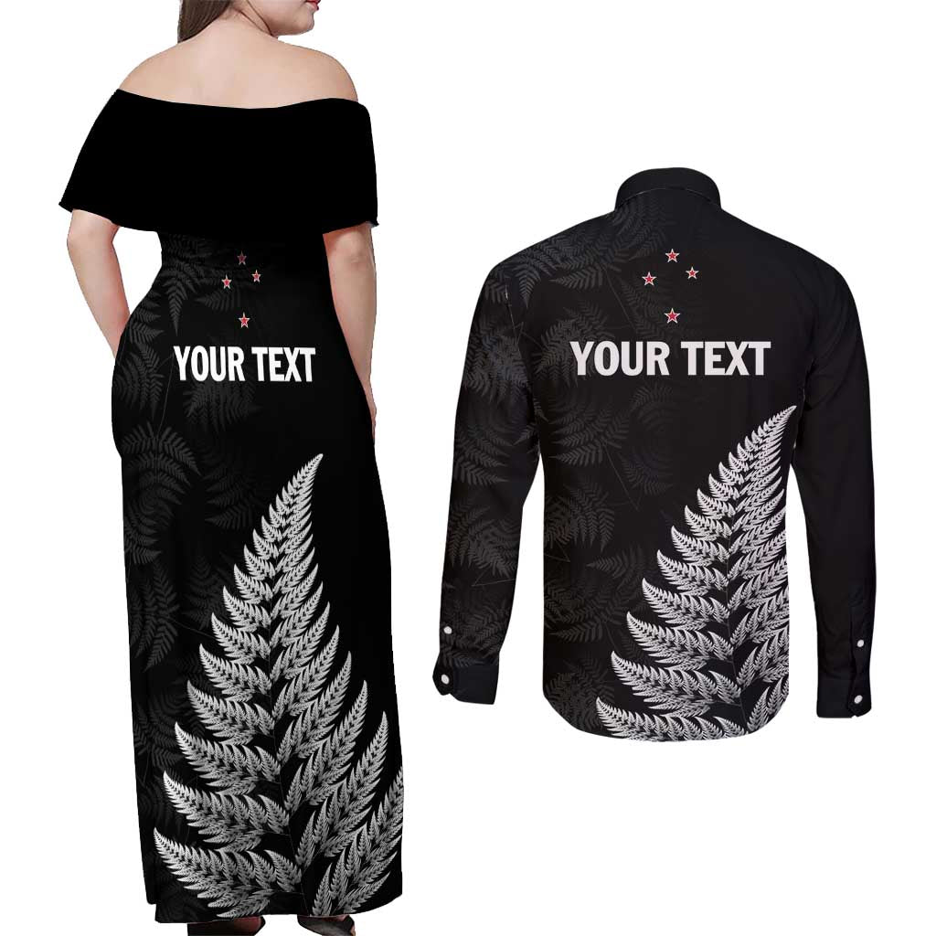 Personalised New Zealand 2025 Archery Couples Matching Off Shoulder Maxi Dress and Long Sleeve Button Shirt Aotearoa Silver Arrows Black LT01 - Polynesian Pride