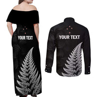 Personalised New Zealand 2025 Archery Couples Matching Off Shoulder Maxi Dress and Long Sleeve Button Shirt Aotearoa Silver Arrows Black LT01 - Polynesian Pride