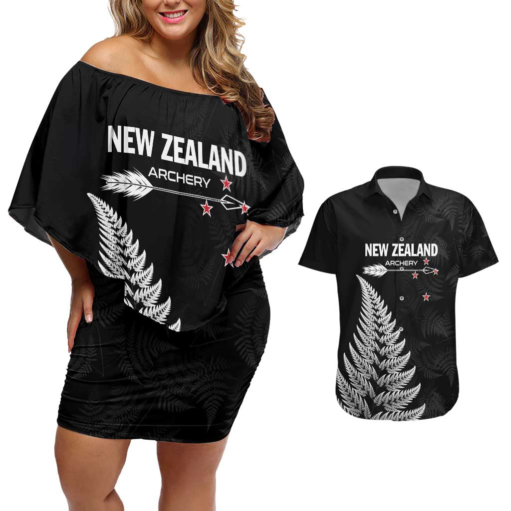Personalised New Zealand 2025 Archery Couples Matching Off Shoulder Short Dress and Hawaiian Shirt Aotearoa Silver Arrows Black