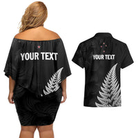 Personalised New Zealand 2025 Archery Couples Matching Off Shoulder Short Dress and Hawaiian Shirt Aotearoa Silver Arrows Black