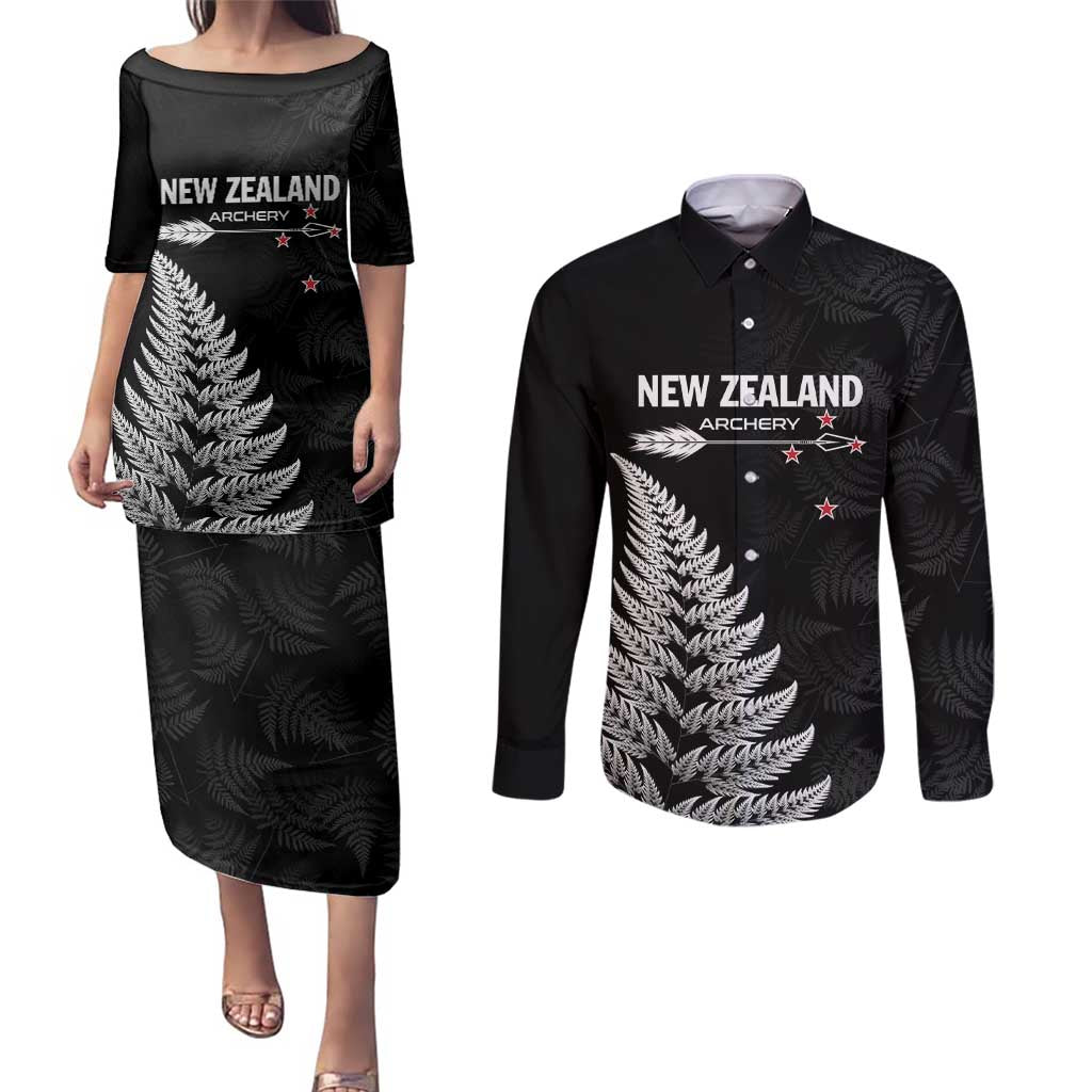 Personalised New Zealand 2025 Archery Couples Matching Puletasi and Long Sleeve Button Shirt Aotearoa Silver Arrows Black