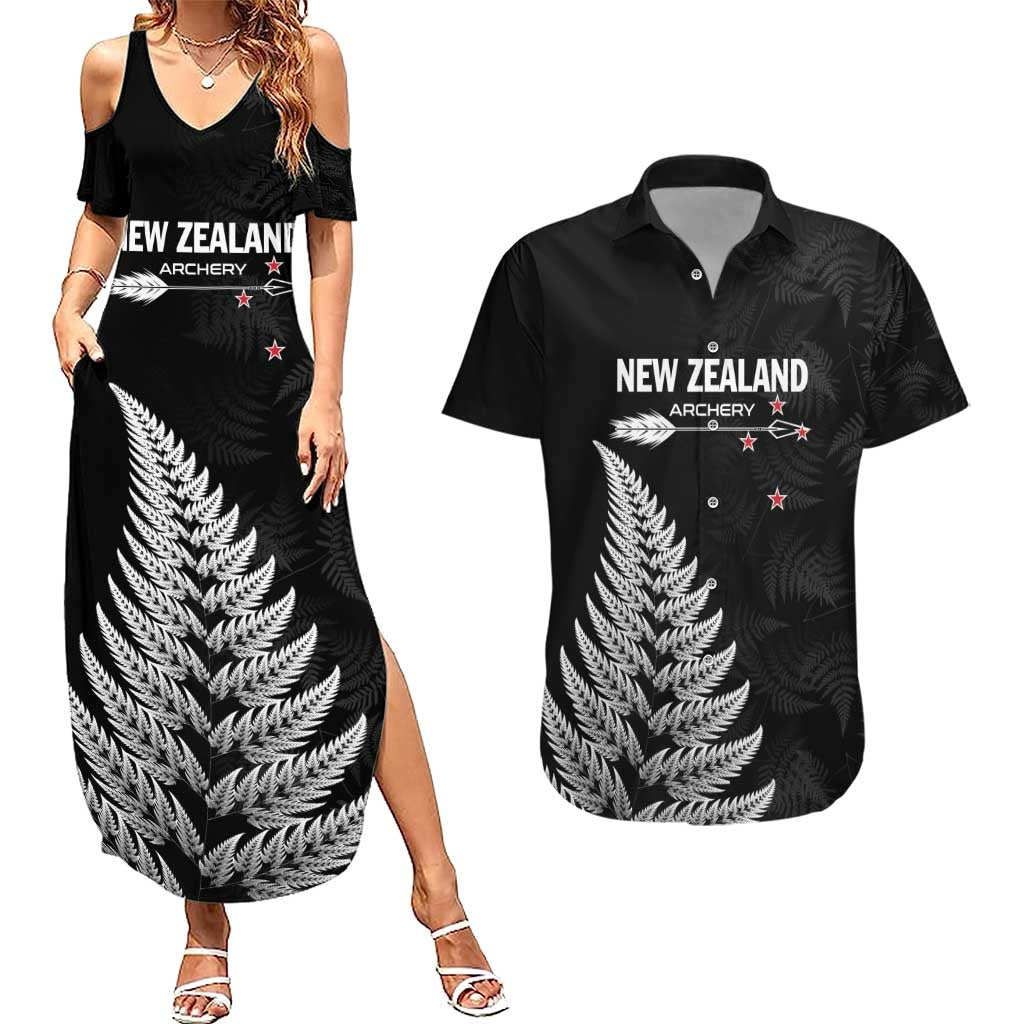 Personalised New Zealand 2025 Archery Couples Matching Summer Maxi Dress and Hawaiian Shirt Aotearoa Silver Arrows Black
