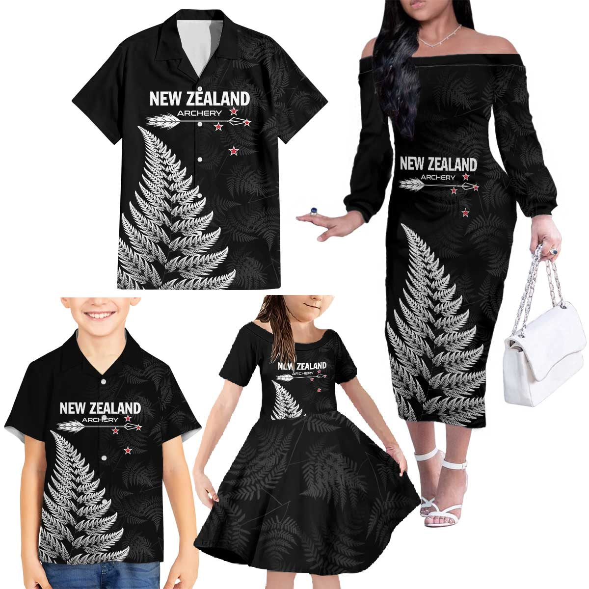 Personalised New Zealand 2025 Archery Family Matching Off The Shoulder Long Sleeve Dress and Hawaiian Shirt Aotearoa Silver Arrows Black LT01 - Polynesian Pride