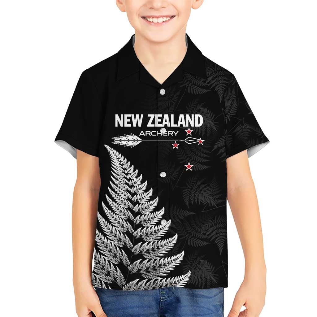 Personalised New Zealand 2025 Archery Kid Hawaiian Shirt Aotearoa Silver Arrows Black