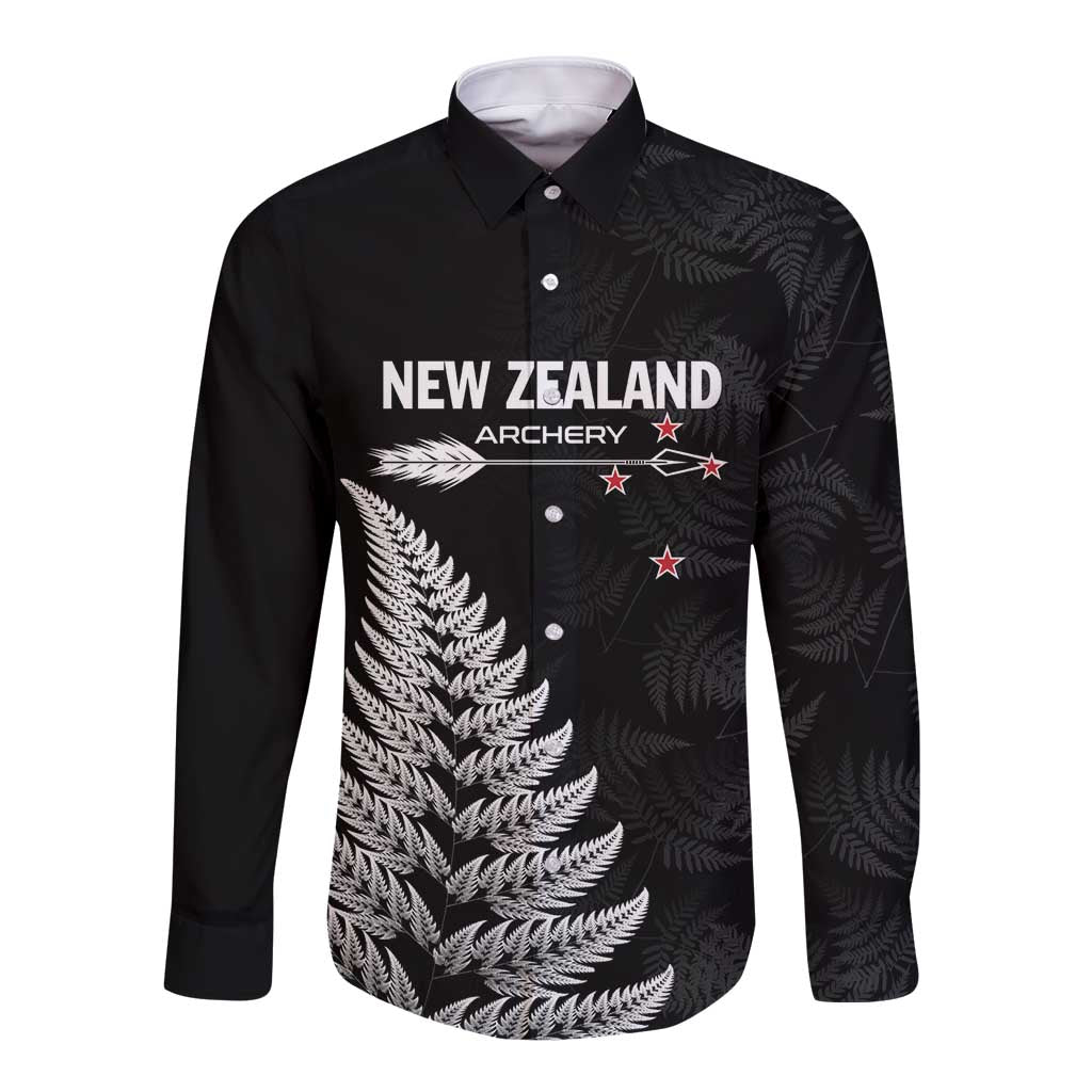 Personalised New Zealand 2025 Archery Long Sleeve Button Shirt Aotearoa Silver Arrows Black