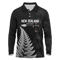 Personalised New Zealand 2025 Archery Long Sleeve Polo Shirt Aotearoa Silver Arrows Black LT01 Black - Polynesian Pride