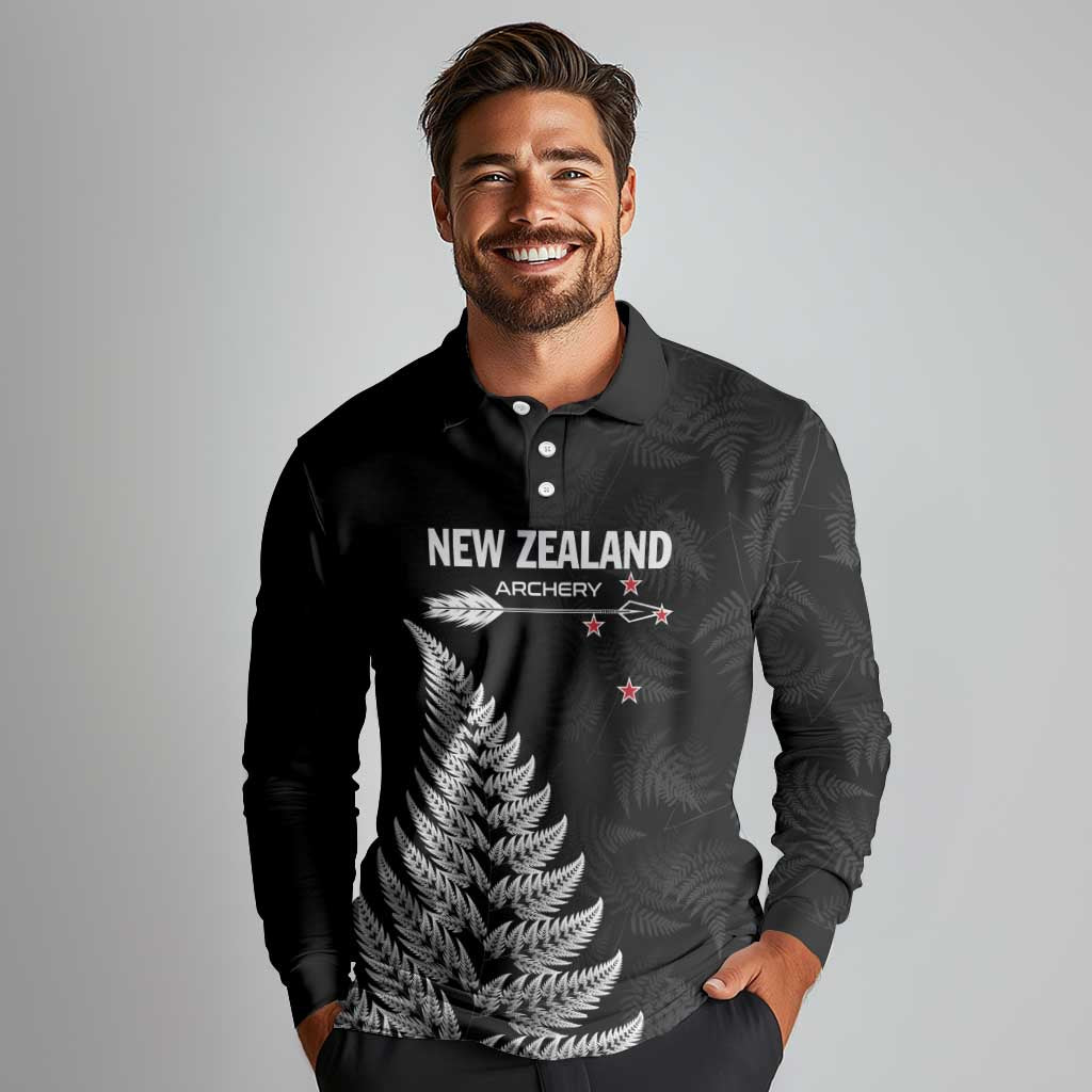 Personalised New Zealand 2025 Archery Long Sleeve Polo Shirt Aotearoa Silver Arrows Black LT01 - Polynesian Pride