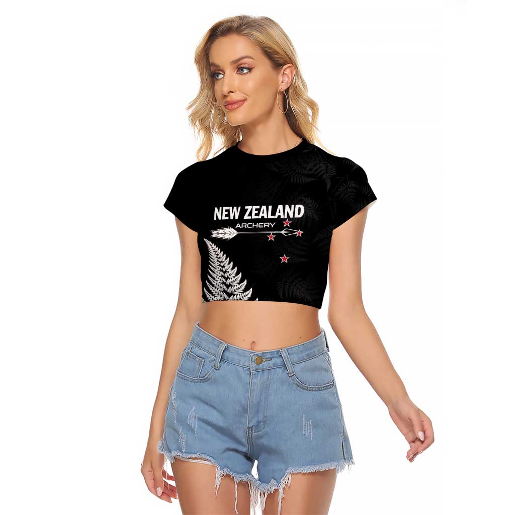 Personalised New Zealand 2025 Archery Raglan Cropped T Shirt Aotearoa Silver Arrows Black