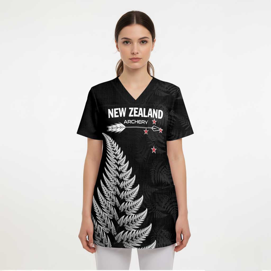Personalised New Zealand 2025 Archery Scrub Top Aotearoa Silver Arrows Black - Polynesian Pride