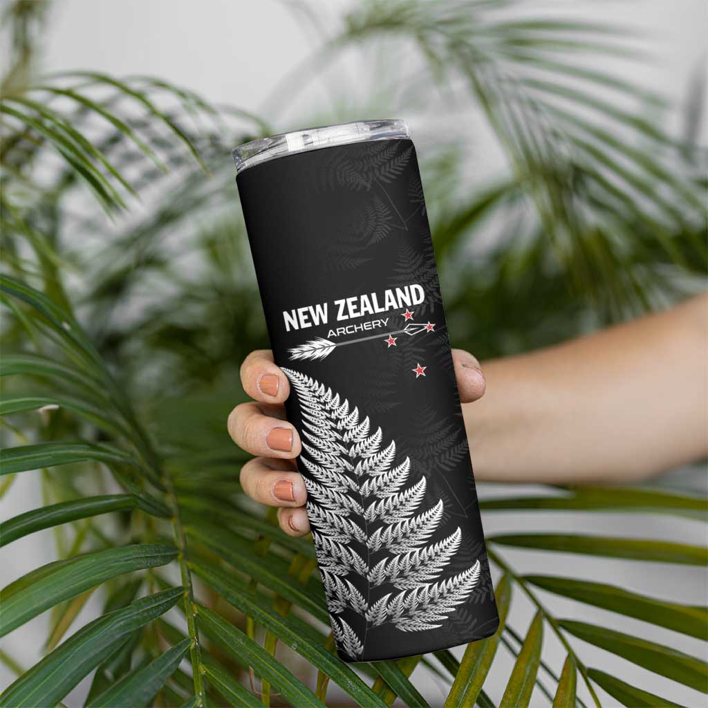 Personalised New Zealand 2025 Archery Skinny Tumbler Aotearoa Silver Arrows Black