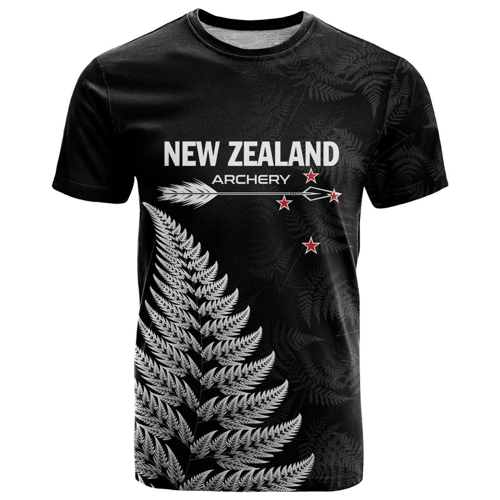 Personalised New Zealand 2025 Archery T Shirt Aotearoa Silver Arrows Black