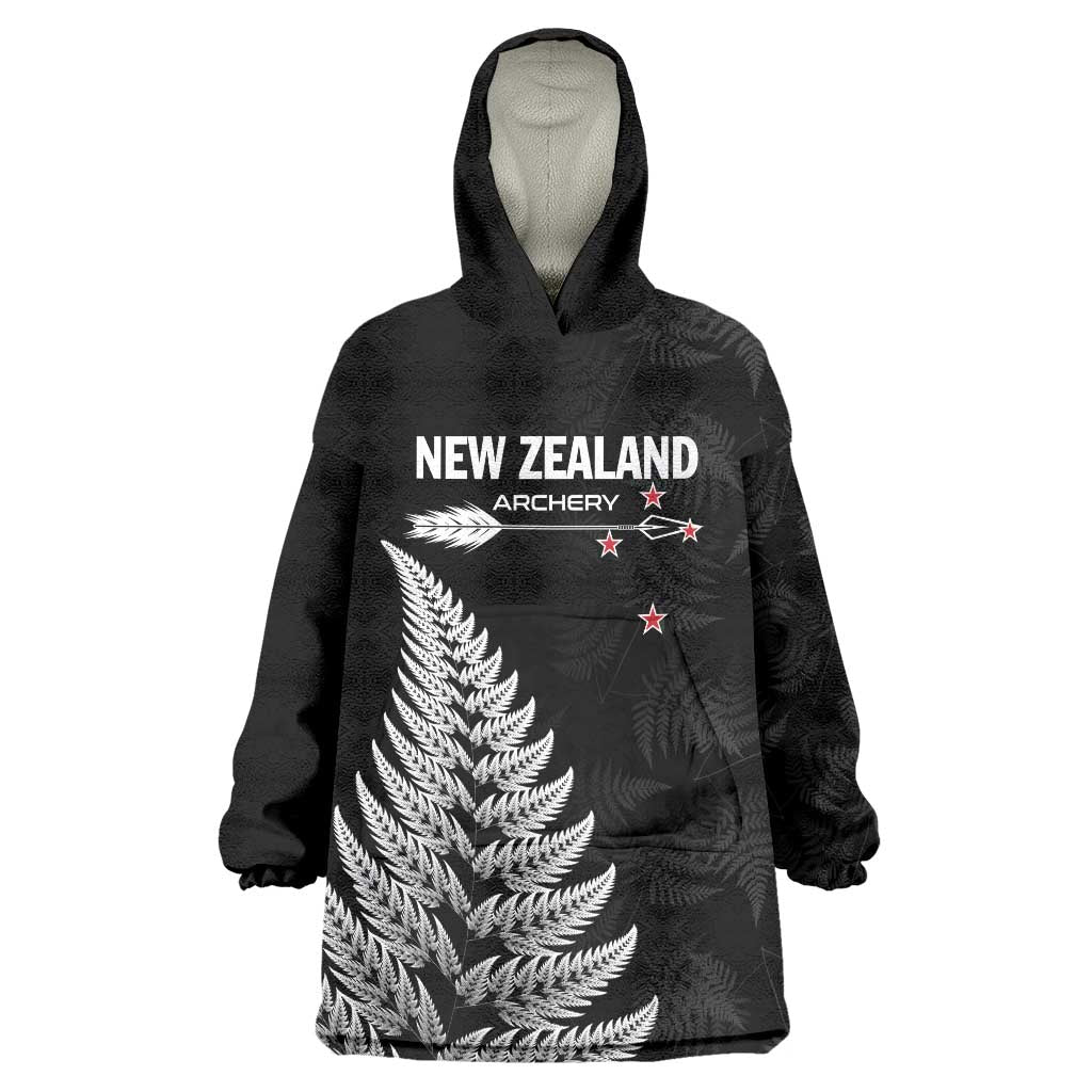 Personalised New Zealand 2025 Archery Wearable Blanket Hoodie Aotearoa Silver Arrows Black
