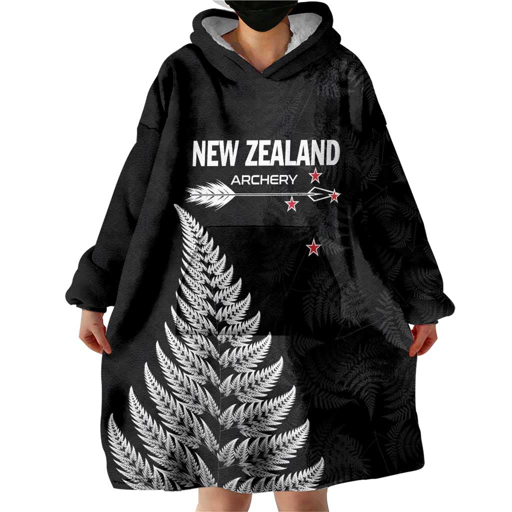 Personalised New Zealand 2025 Archery Wearable Blanket Hoodie Aotearoa Silver Arrows Black