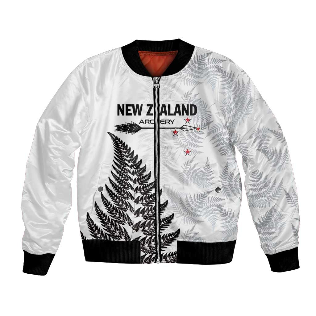 Personalised New Zealand 2025 Archery Bomber Jacket Aotearoa Silver Arrows White