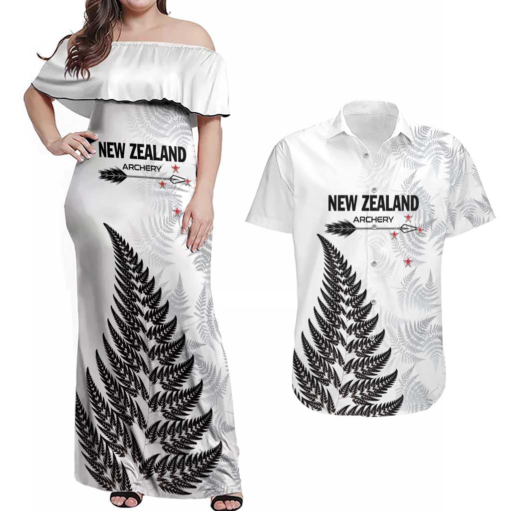 Personalised New Zealand 2025 Archery Couples Matching Off Shoulder Maxi Dress and Hawaiian Shirt Aotearoa Silver Arrows White