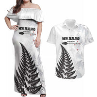 Personalised New Zealand 2025 Archery Couples Matching Off Shoulder Maxi Dress and Hawaiian Shirt Aotearoa Silver Arrows White