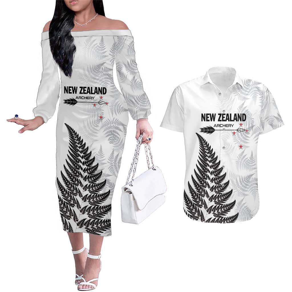 Personalised New Zealand 2025 Archery Couples Matching Off The Shoulder Long Sleeve Dress and Hawaiian Shirt Aotearoa Silver Arrows White