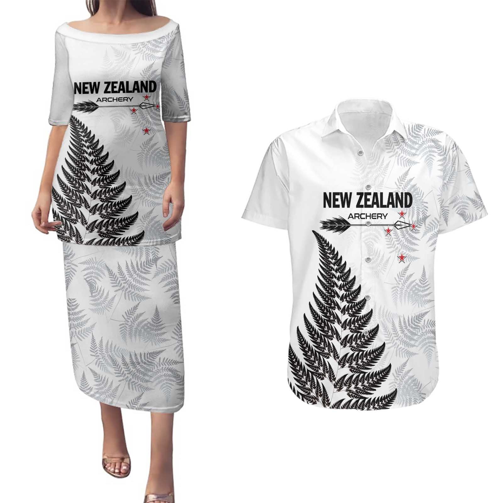 Personalised New Zealand 2025 Archery Couples Matching Puletasi and Hawaiian Shirt Aotearoa Silver Arrows White