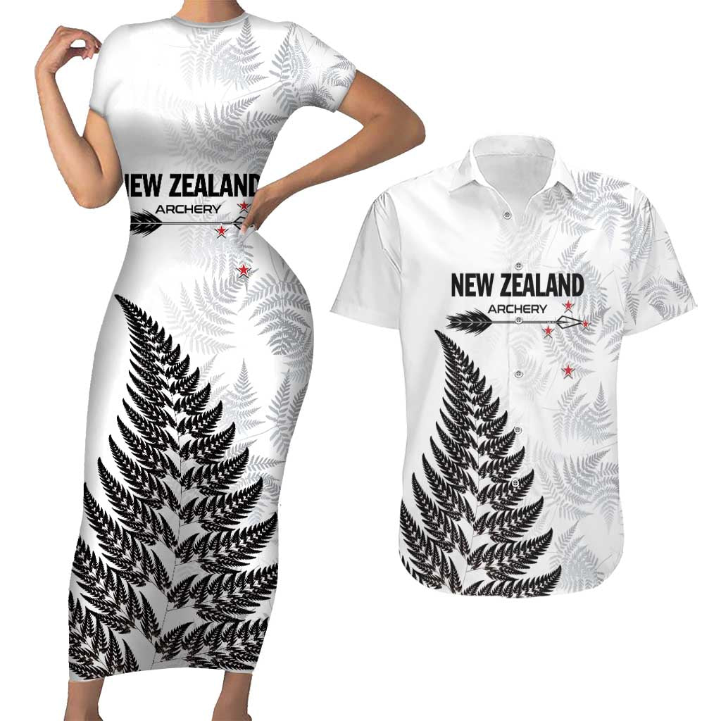 Personalised New Zealand 2025 Archery Couples Matching Short Sleeve Bodycon Dress and Hawaiian Shirt Aotearoa Silver Arrows White