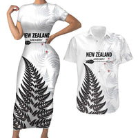 Personalised New Zealand 2025 Archery Couples Matching Short Sleeve Bodycon Dress and Hawaiian Shirt Aotearoa Silver Arrows White
