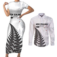 Personalised New Zealand 2025 Archery Couples Matching Short Sleeve Bodycon Dress and Long Sleeve Button Shirt Aotearoa Silver Arrows White