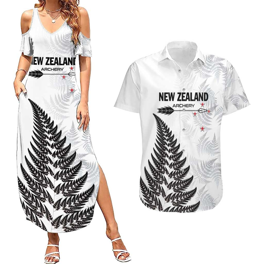 Personalised New Zealand 2025 Archery Couples Matching Summer Maxi Dress and Hawaiian Shirt Aotearoa Silver Arrows White