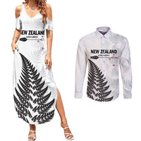 Personalised New Zealand 2025 Archery Couples Matching Summer Maxi Dress and Long Sleeve Button Shirt Aotearoa Silver Arrows White LT01 White - Polynesian Pride