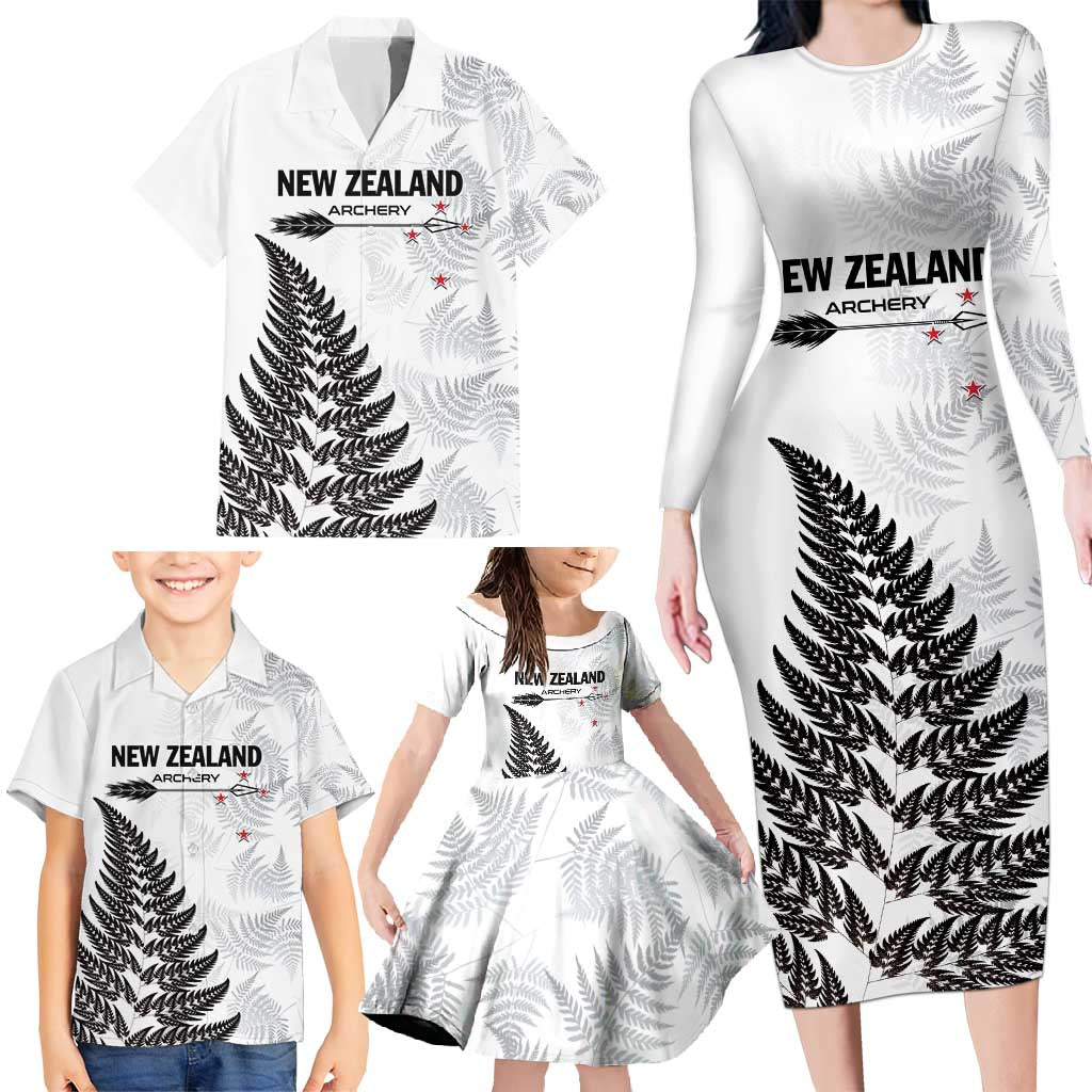 Personalised New Zealand 2025 Archery Family Matching Long Sleeve Bodycon Dress and Hawaiian Shirt Aotearoa Silver Arrows White LT01 - Polynesian Pride