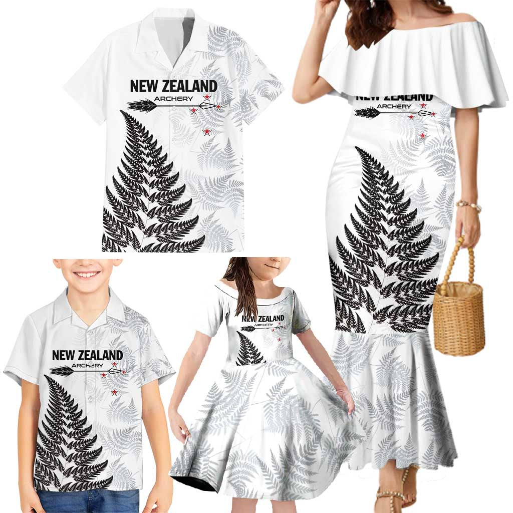 Personalised New Zealand 2025 Archery Family Matching Mermaid Dress and Hawaiian Shirt Aotearoa Silver Arrows White