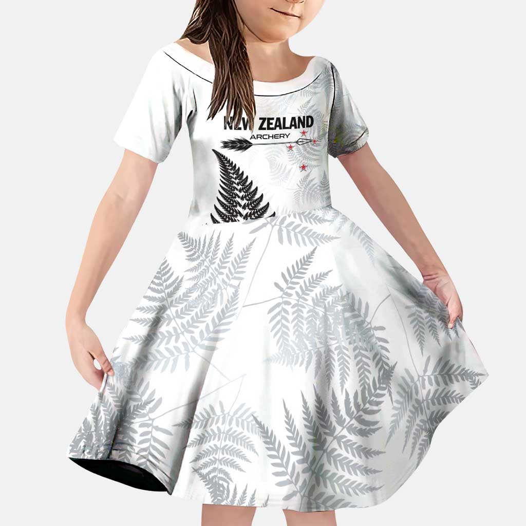 Personalised New Zealand 2025 Archery Family Matching Puletasi and Hawaiian Shirt Aotearoa Silver Arrows White LT01 Daughter's Dress White - Polynesian Pride