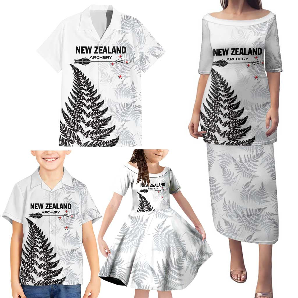 Personalised New Zealand 2025 Archery Family Matching Puletasi and Hawaiian Shirt Aotearoa Silver Arrows White LT01 - Polynesian Pride