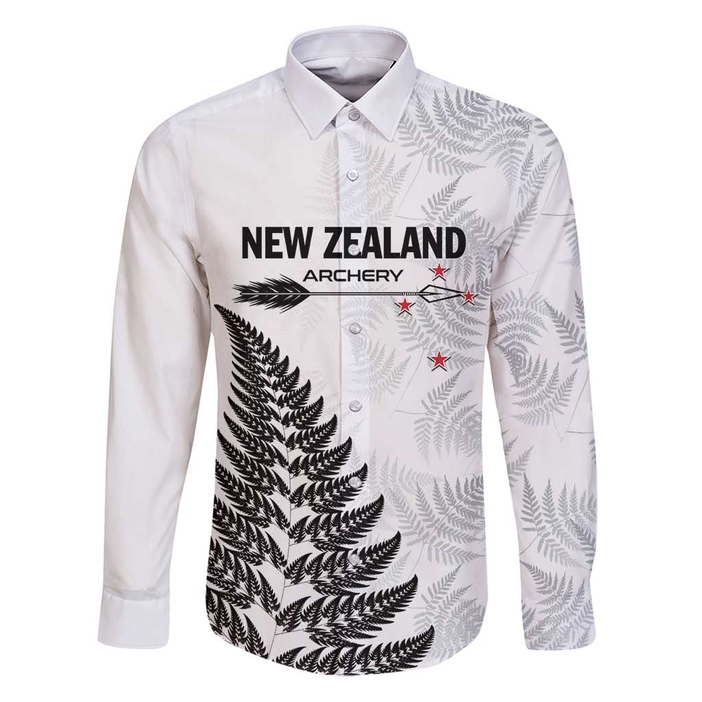 Personalised New Zealand 2025 Archery Family Matching Puletasi and Hawaiian Shirt Aotearoa Silver Arrows White LT01 Dad's Shirt - Long Sleeve White - Polynesian Pride
