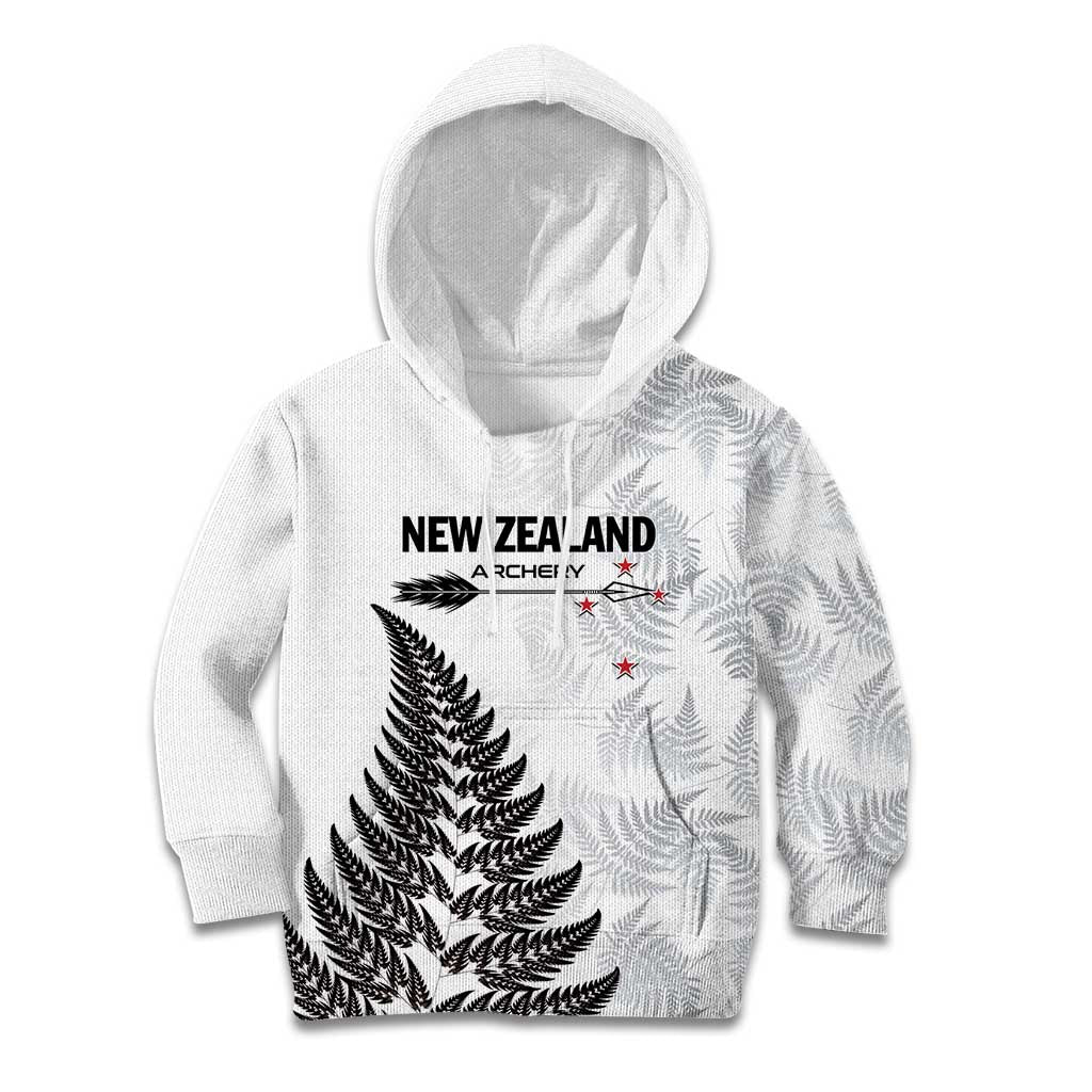Personalised New Zealand 2025 Archery Kid Hoodie Aotearoa Silver Arrows White