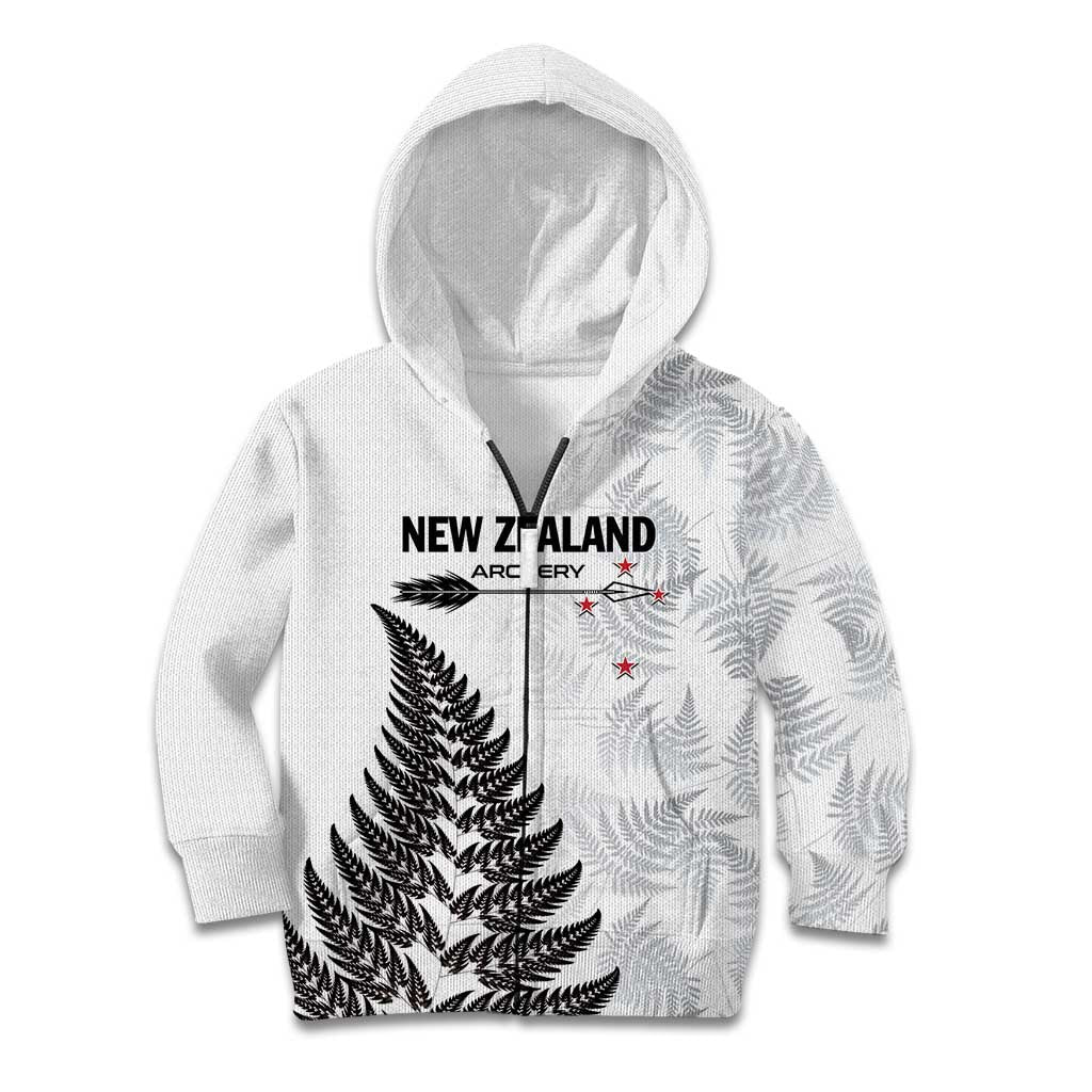 Personalised New Zealand 2025 Archery Kid Hoodie Aotearoa Silver Arrows White