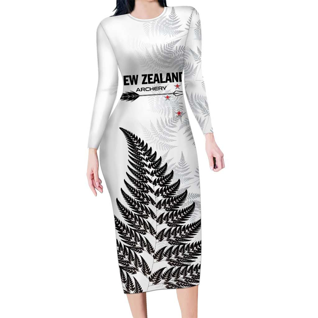 Personalised New Zealand 2025 Archery Long Sleeve Bodycon Dress Aotearoa Silver Arrows White