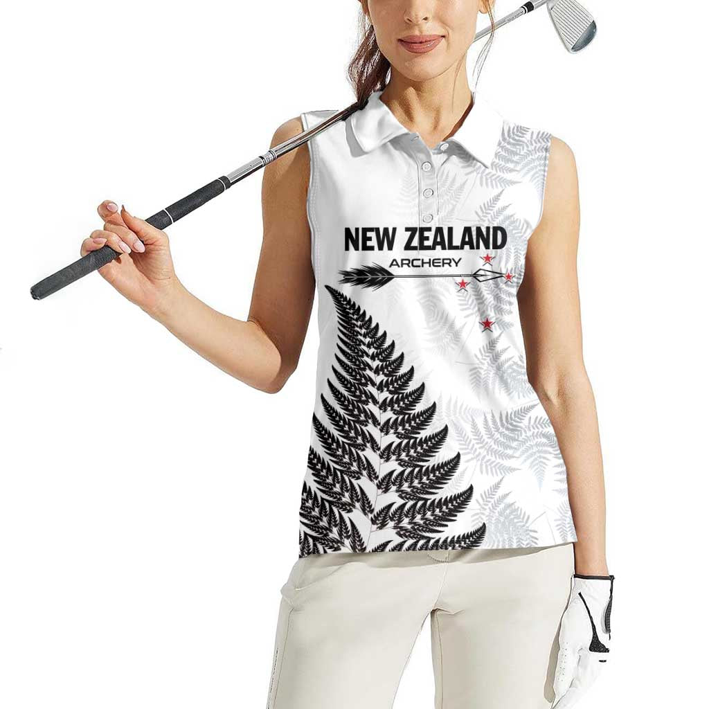 Personalised New Zealand 2025 Archery Women Sleeveless Polo Shirt Aotearoa Silver Arrows White LT01 - Polynesian Pride