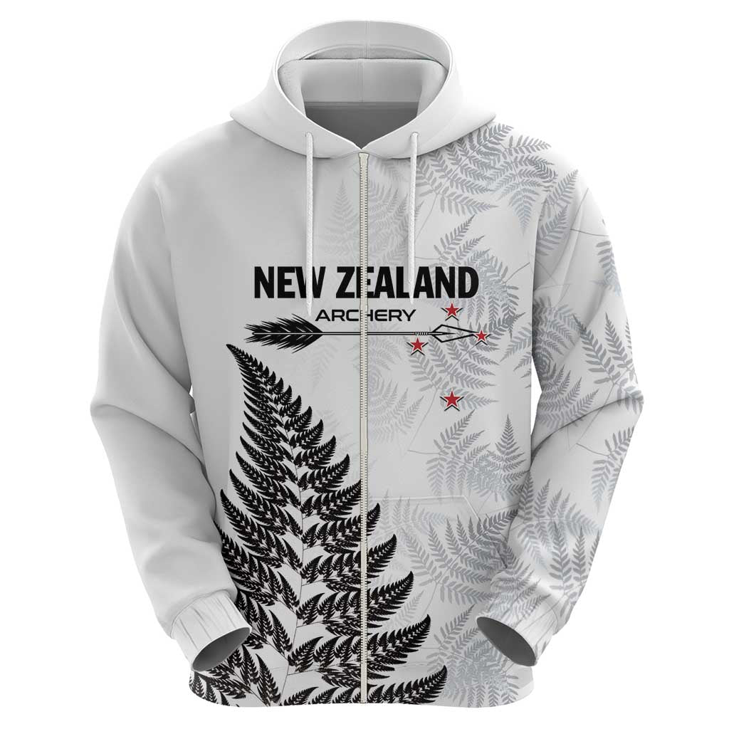 Personalised New Zealand 2025 Archery Zip Hoodie Aotearoa Silver Arrows White LT01 - Polynesian Pride