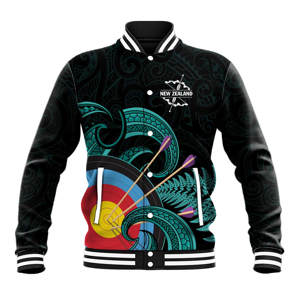 Personalised New Zealand Archery Baseball Jacket Turquoise Maori Silver Fern