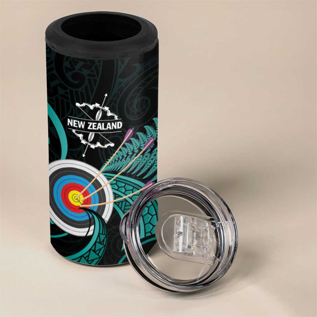 Personalised New Zealand Archery 4 in 1 Can Cooler Tumbler Turquoise Maori Silver Fern