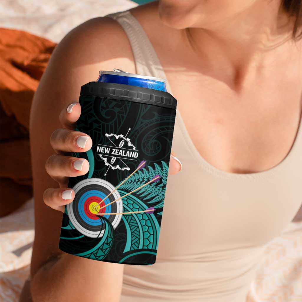 Personalised New Zealand Archery 4 in 1 Can Cooler Tumbler Turquoise Maori Silver Fern
