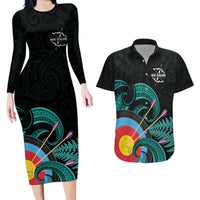 Personalised New Zealand Archery Couples Matching Long Sleeve Bodycon Dress and Hawaiian Shirt Turquoise Maori Silver Fern