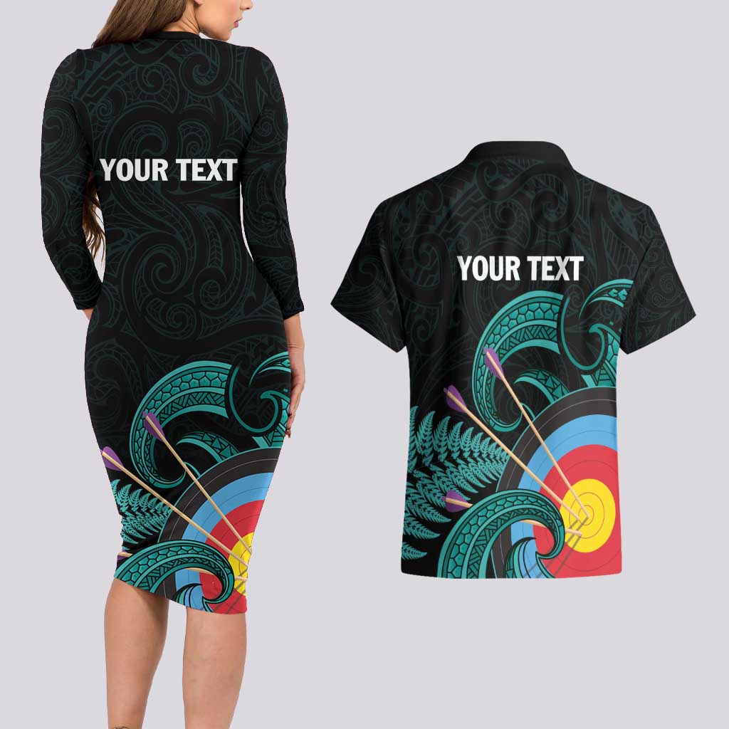 Personalised New Zealand Archery Couples Matching Long Sleeve Bodycon Dress and Hawaiian Shirt Turquoise Maori Silver Fern