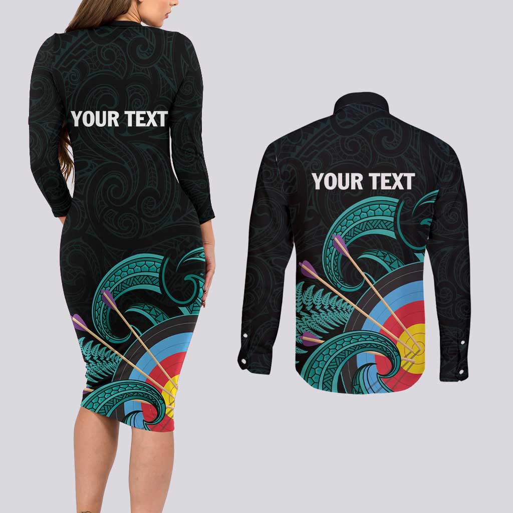 Personalised New Zealand Archery Couples Matching Long Sleeve Bodycon Dress and Long Sleeve Button Shirt Turquoise Maori Silver Fern
