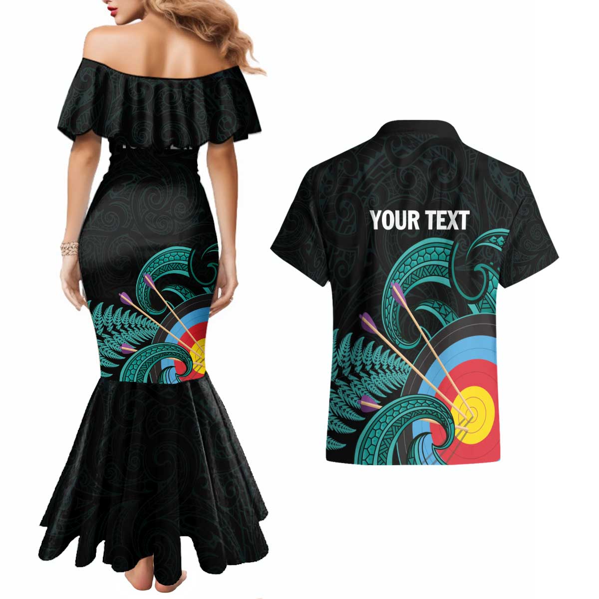 Personalised New Zealand Archery Couples Matching Mermaid Dress and Hawaiian Shirt Turquoise Maori Silver Fern
