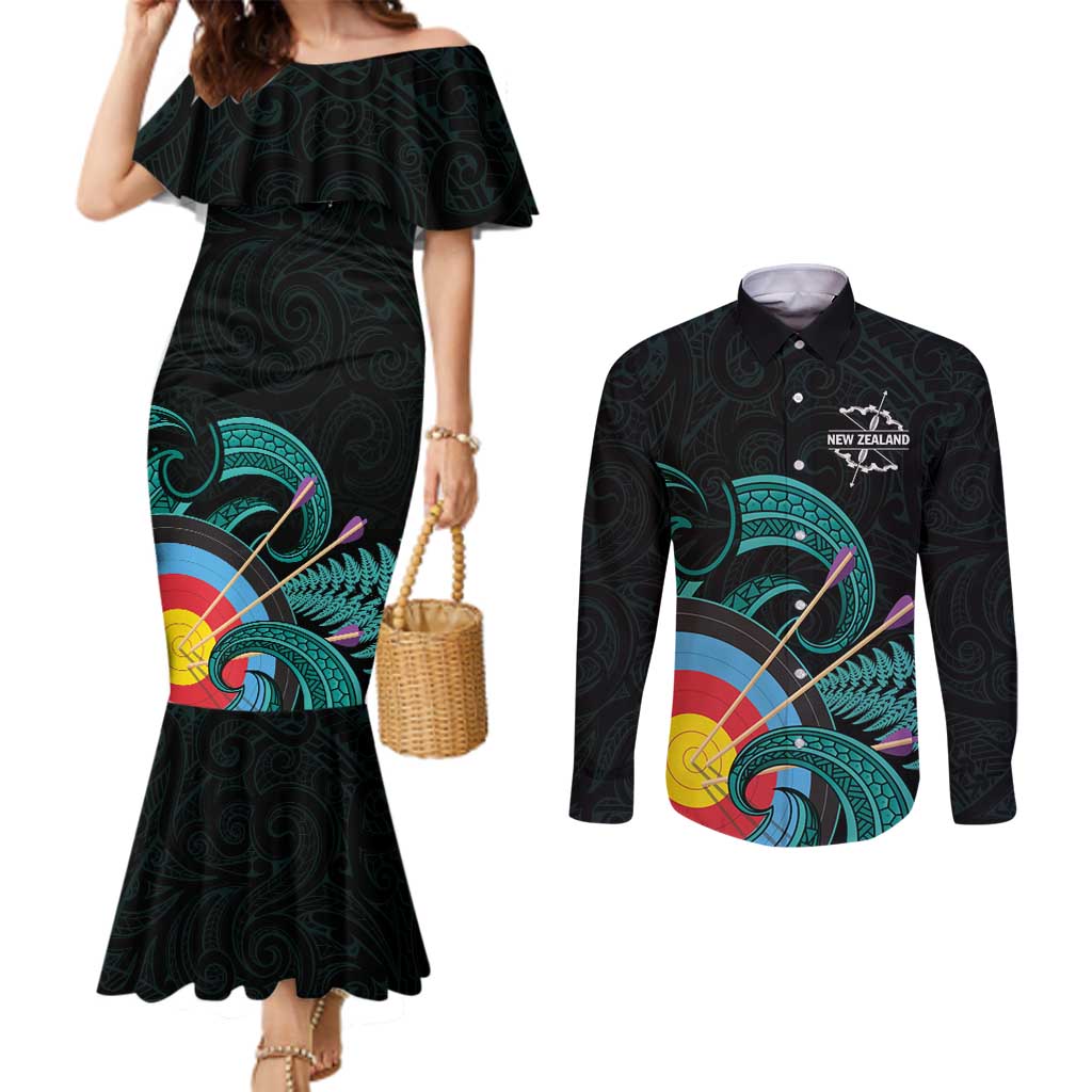 Personalised New Zealand Archery Couples Matching Mermaid Dress and Long Sleeve Button Shirt Turquoise Maori Silver Fern