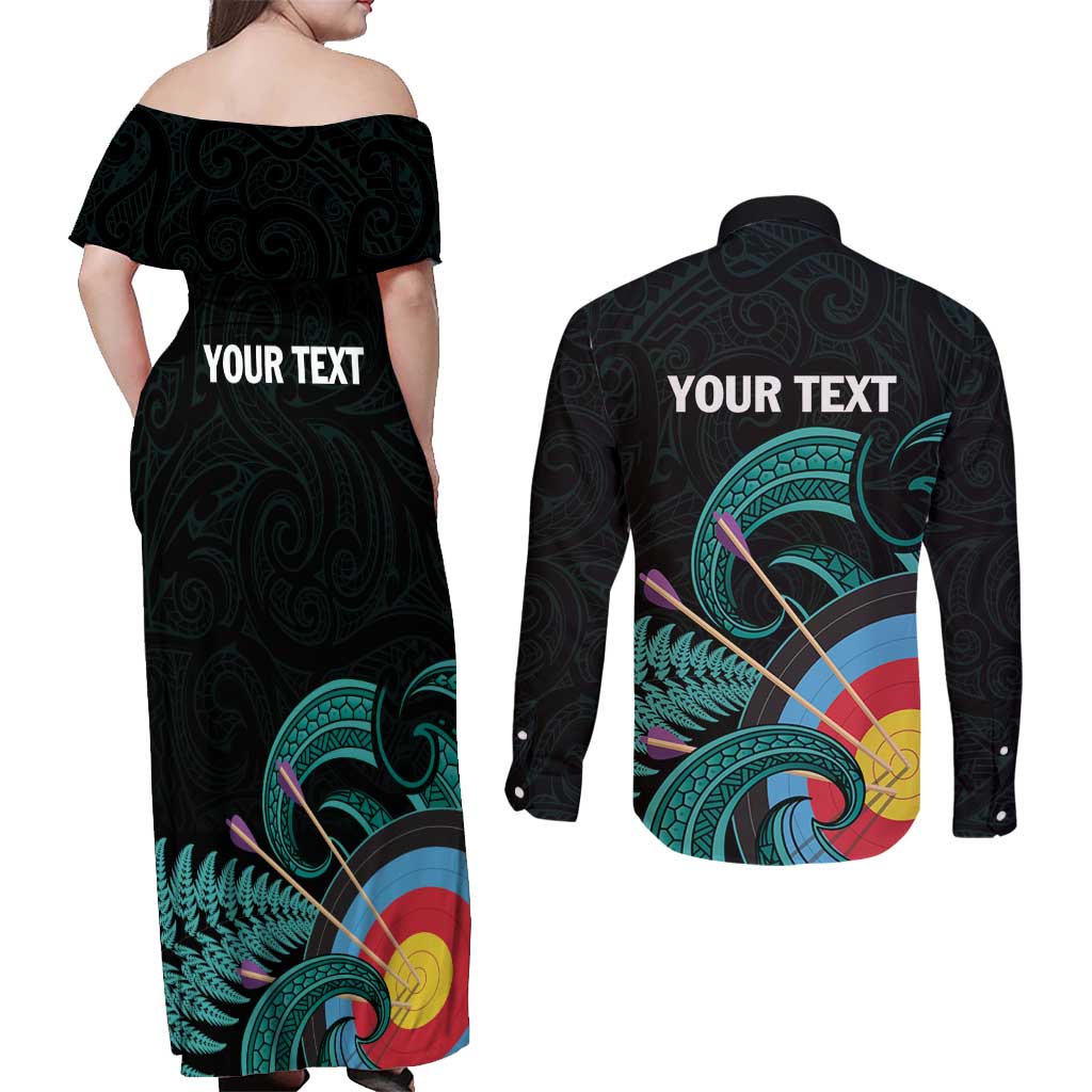 Personalised New Zealand Archery Couples Matching Off Shoulder Maxi Dress and Long Sleeve Button Shirt Turquoise Maori Silver Fern