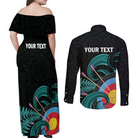 Personalised New Zealand Archery Couples Matching Off Shoulder Maxi Dress and Long Sleeve Button Shirt Turquoise Maori Silver Fern