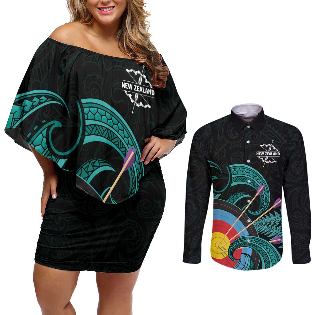 Personalised New Zealand Archery Couples Matching Off Shoulder Short Dress and Long Sleeve Button Shirt Turquoise Maori Silver Fern