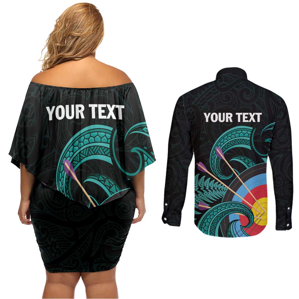 Personalised New Zealand Archery Couples Matching Off Shoulder Short Dress and Long Sleeve Button Shirt Turquoise Maori Silver Fern